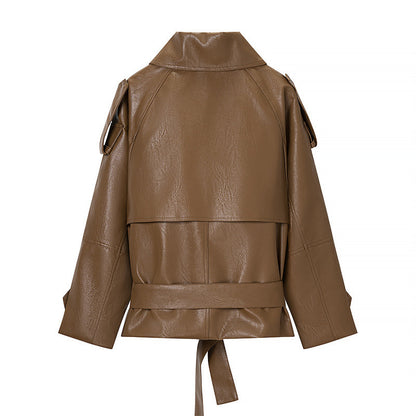 Women Cropped Faux Leather Trench Coat with Waist Belt, Double Breasted and Epaulettes Shop Velvia