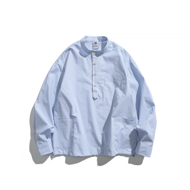 Men's oversized shirt with stand-up collar and half button placket as well as front pockets Shop Velvia