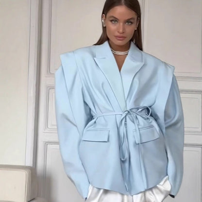 Women Tailored Blazer with Delicate Tie Waist, Emphasized Shoulder Area and Flap Pockets Shop Velvia