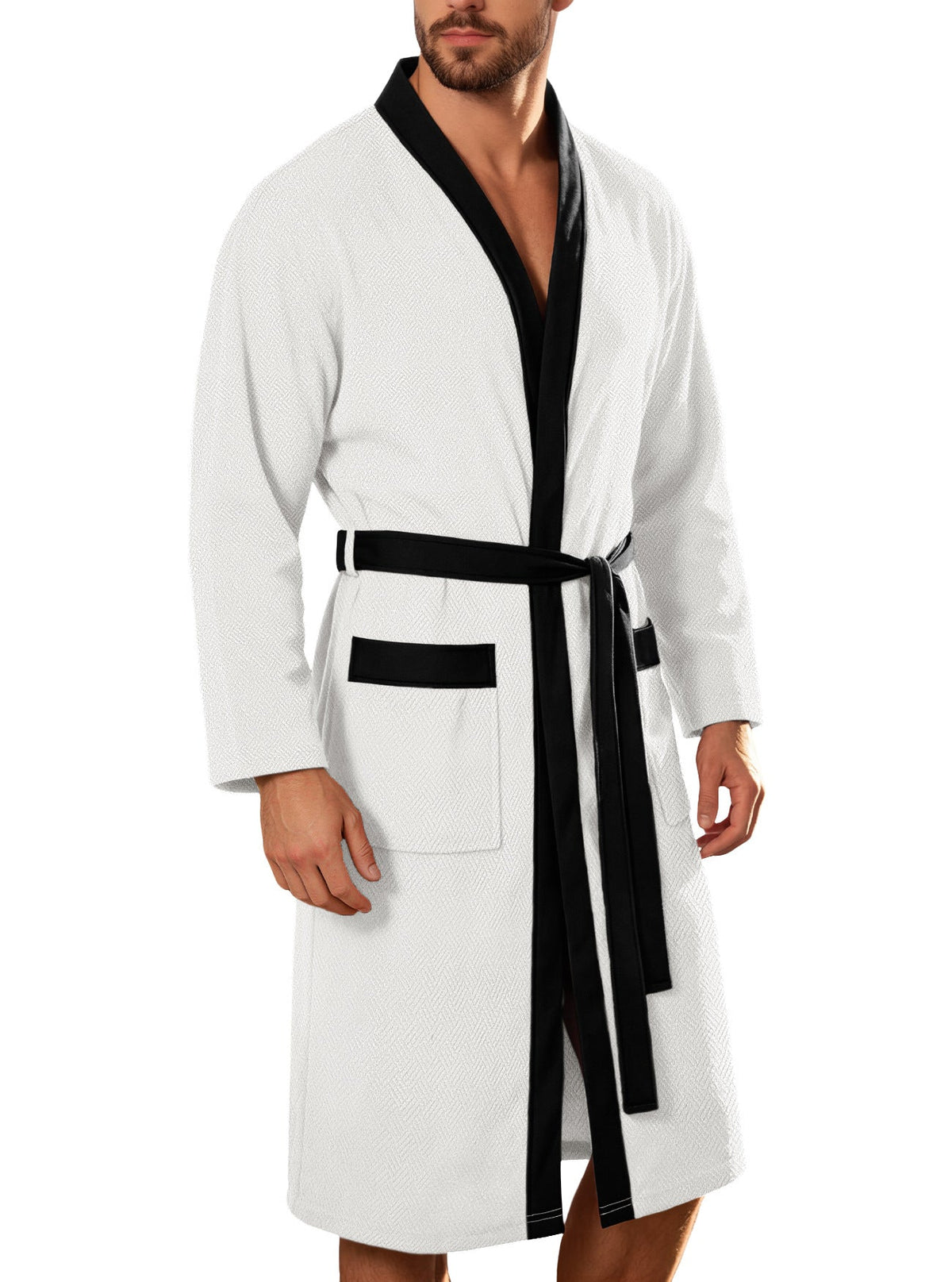 Men's lightweight cotton kimono bathrobe with waffle texture and patch pockets Shop Velvia