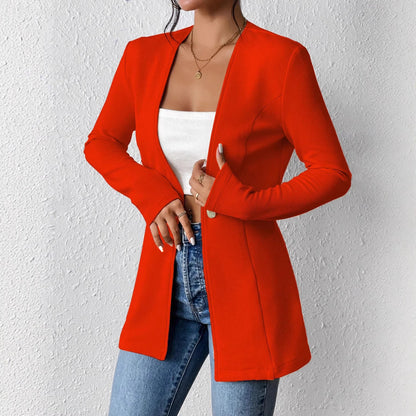 Ladies Tailored Long Blazer with V-Neck and One-Button Closure Shop Velvia