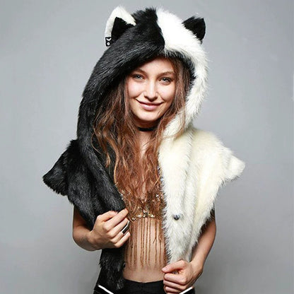 Women’s hooded stole made of faux fur with animal ears and asymmetric cape Shop Velvia