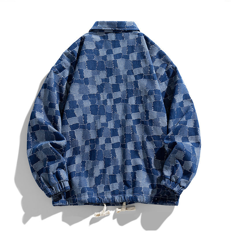 Men's oversized checkered denim jacket with snap buttons, flap pockets, and drawstring Shop Velvia