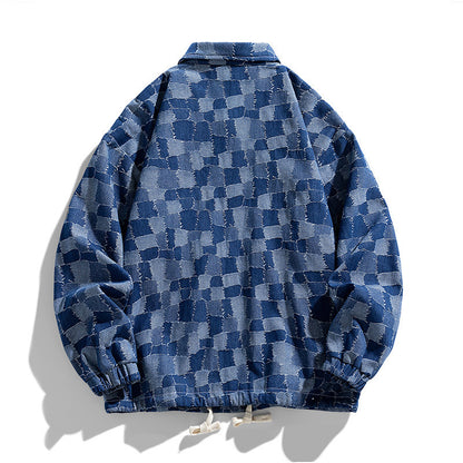 Men's oversized checkered denim jacket with snap buttons, flap pockets, and drawstring Shop Velvia