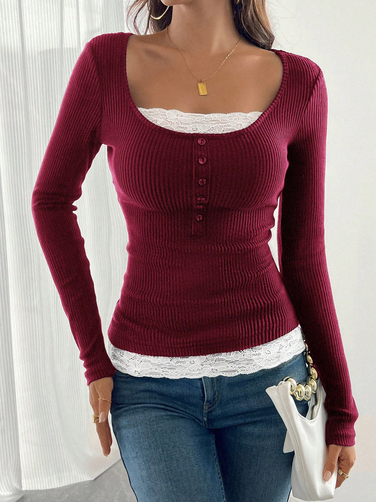 Women’s ribbed top with deep scoop neckline, decorative button placket and lace insert Shop Velvia