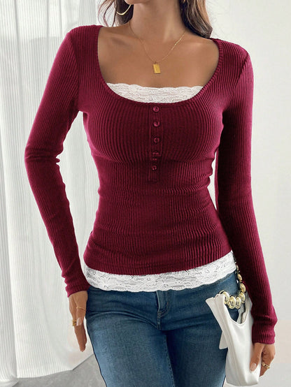 Women’s ribbed top with deep scoop neckline, decorative button placket and lace insert Shop Velvia