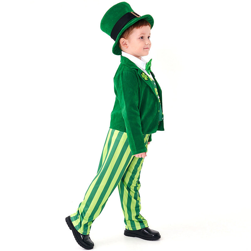 Men's costume as Irish Leprechaun with hat and detailed accents Shop Velvia