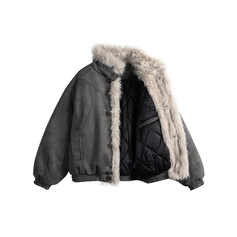 Women's short-cut bomber jacket in lambskin look with high stand-up collar and faux fur trim Shop Velvia