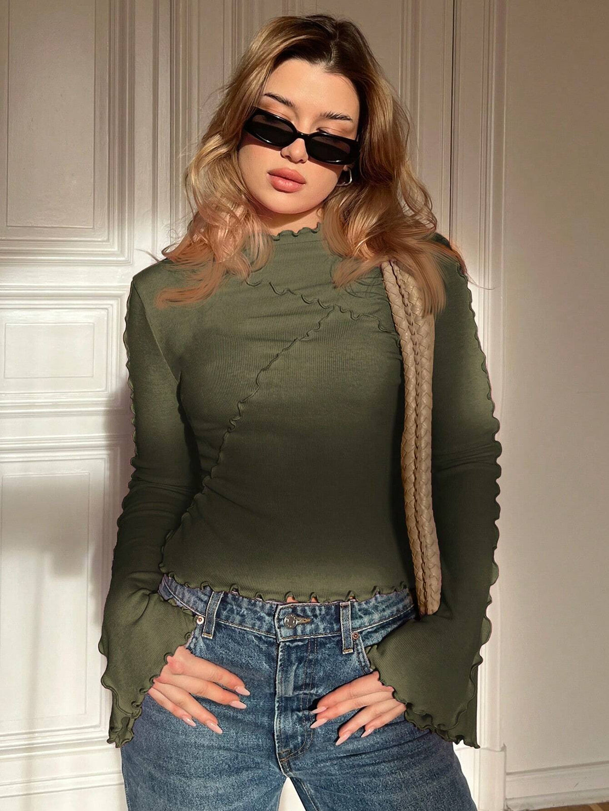 Ladies Fitted Ribbed Long Sleeve Shirt with Stand-up Collar and Ruffled Hem Shop Velvia