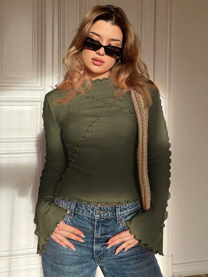 Ladies Fitted Ribbed Long Sleeve Shirt with Stand-up Collar and Ruffled Hem Shop Velvia