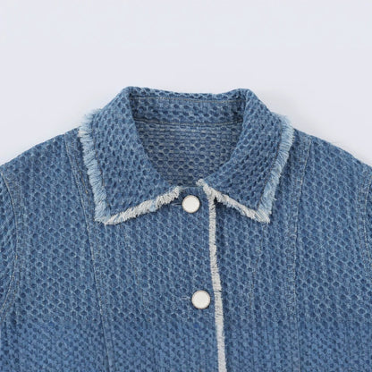 Ladies Cropped Boxy Denim Jacket with Waffle Texture, Patch Pockets and Fringe Trim Shop Velvia