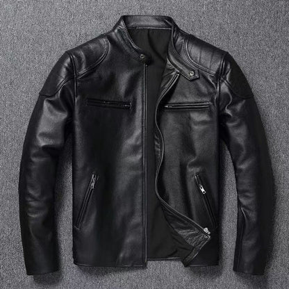 Men's leather jacket in vintage biker style with chest pockets and zipper Shop Velvia