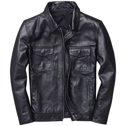 Men's leather jacket in vintage biker style with chest pockets and zipper Shop Velvia