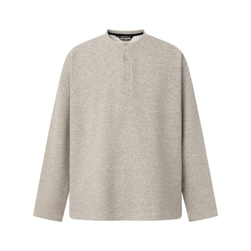 Unisex Oversize fine knit sweater with Henley button placket and stand-up collar Shop Velvia
