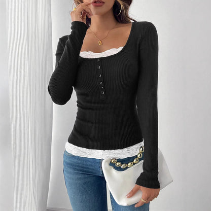 Women’s ribbed top with deep scoop neckline, decorative button placket and lace insert Shop Velvia