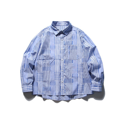 [Unisex] Oversize shirt in patchwork stripe mix with breast pocket and rounded hem Shop Velvia