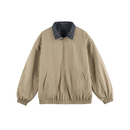 Unisex Lightweight Oversized Zip Jacket in Bomber Style with Checkered Collar and Elastic Cuffs Shop Velvia