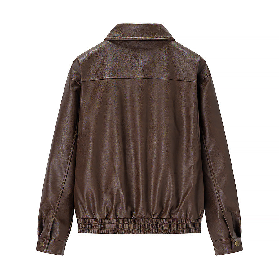 Women's Boxy Faux Leather Pilot Jacket with Flap Pockets and Elastic Hem Shop Velvia