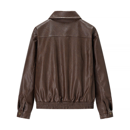 Women's Boxy Faux Leather Pilot Jacket with Flap Pockets and Elastic Hem Shop Velvia
