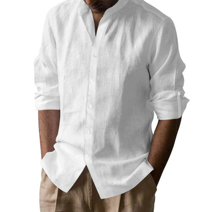 Men's Elegant Linen Shirt with Stand Collar and Button Details Shop Velvia