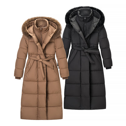 Women's Long Quilted Coat with Waist Belt, Hood and Faux Fur Trim Shop Velvia