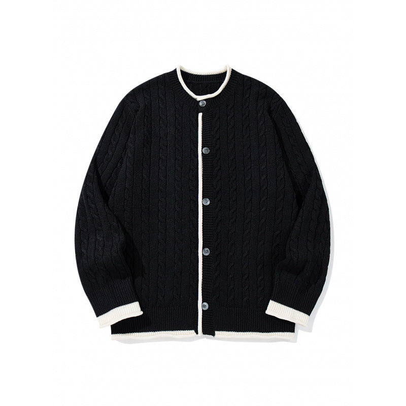 Unisex fine knit cardigan with cable pattern, round neck and contrast trim Shop Velvia