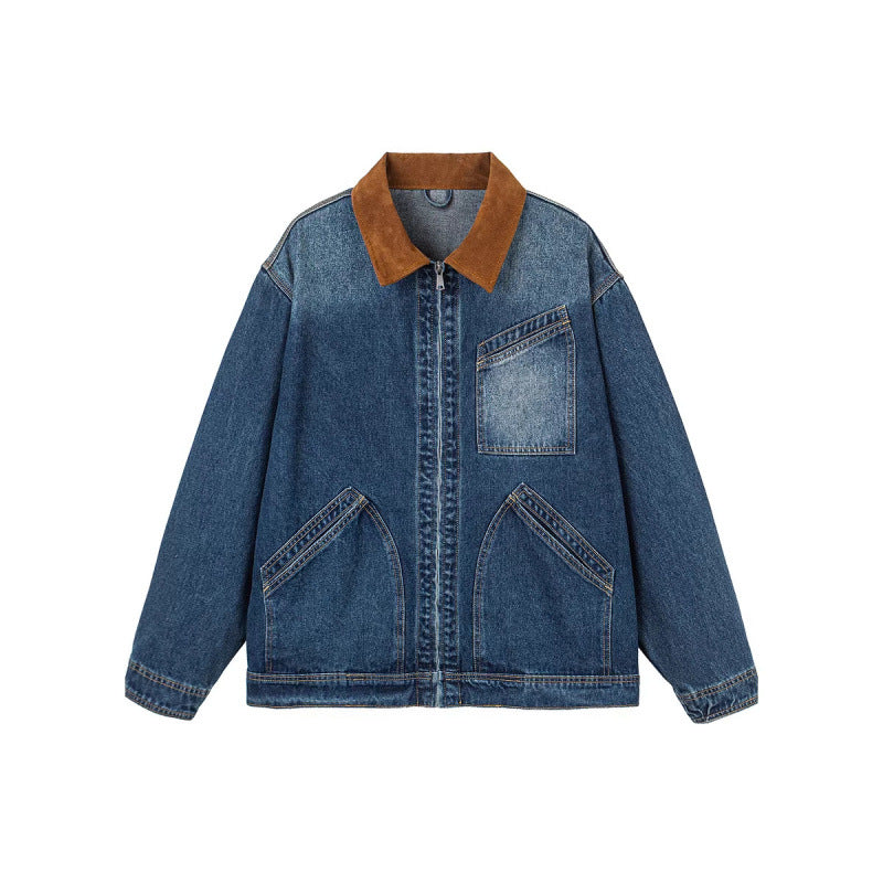 Men's Boxy Denim Jacket in Worker Style with Cord Collar and Front Zipper Shop Velvia