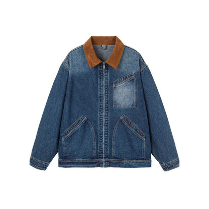 Men's Boxy Denim Jacket in Worker Style with Cord Collar and Front Zipper Shop Velvia