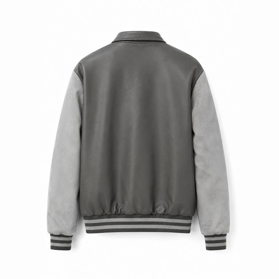 Men's varsity bomber jacket in collegiate style with faux leather body, suede look sleeves and embroidered patches Shop Velvia