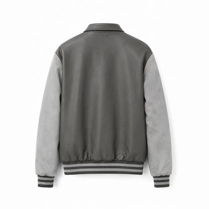 Men's varsity bomber jacket in collegiate style with faux leather body, suede look sleeves and embroidered patches Shop Velvia