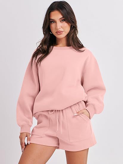 Women's Casual Two-Piece Lounge Sweatset with Oversized Round Neck Sweatshirt and High-Waist Relax Shorts Shop Velvia