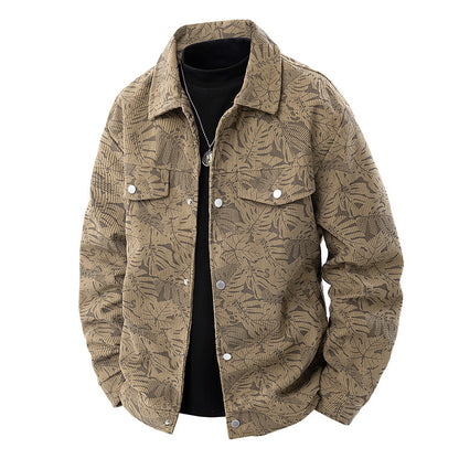 Men's corduroy trucker jacket with jacquard leaf pattern and snap button placket Shop Velvia