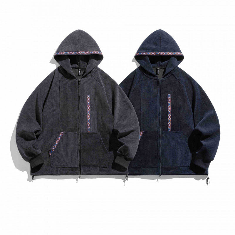 Unisex Oversize Hoodie with Zipper and Woven Decorative Bands Shop Velvia