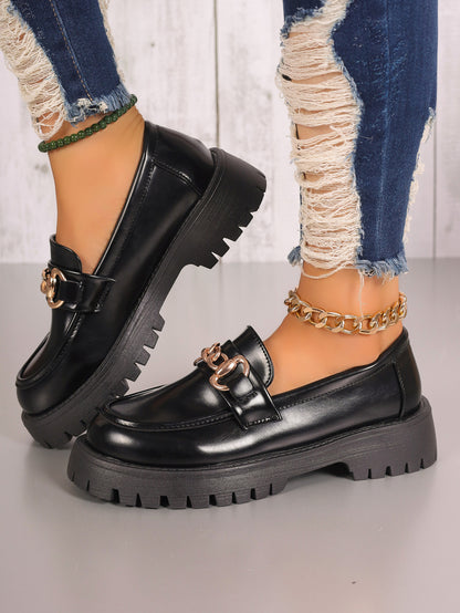 Women Chunky Platform Loafer with Metal Chain Detail and Profiled Rubber Sole Shop Velvia