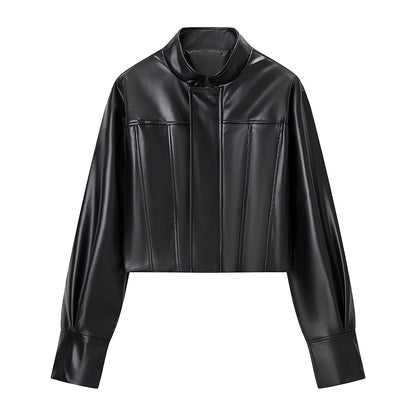 Women's short jacket in biker-bomber style made of vegan leather with a stand-up collar and oversized sleeves Shop Velvia