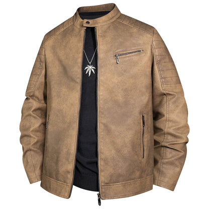 Men's biker jacket made of faux leather with stand-up collar and quilted shoulder Shop Velvia
