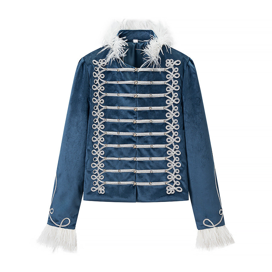 Women's tailored velvet military jacket with decorative cord appliqués and feather trim Shop Velvia
