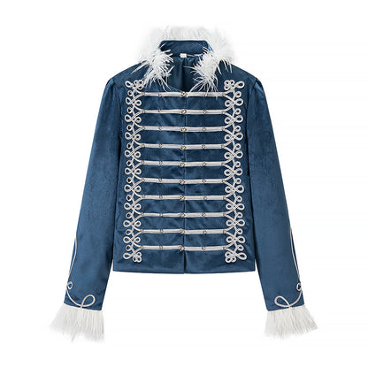 Women's tailored velvet military jacket with decorative cord appliqués and feather trim Shop Velvia