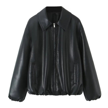 Women's Oversize Faux Leather Bomber with Shirt Collar, Concealed Zipper and Balloon Sleeves Shop Velvia