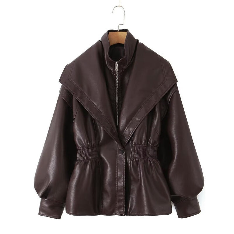 Women's Faux Leather Jacket with Wide Shawl Collar and Gathered Waistband Shop Velvia