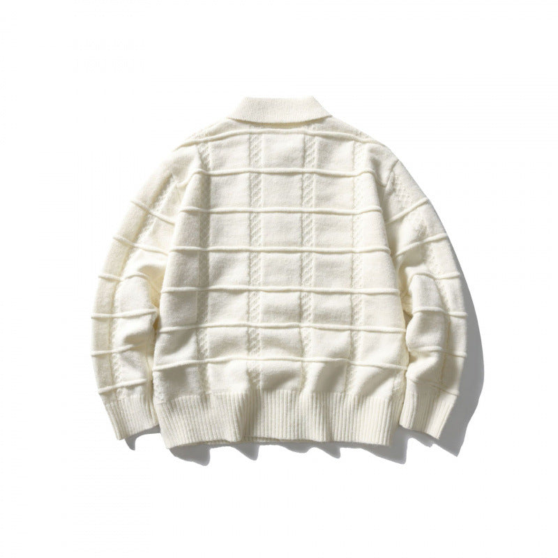 Unisex Boxy Cardigan with Shirt Collar and Structured Check Pattern Shop Velvia