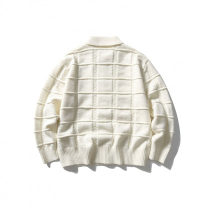 Unisex Boxy Cardigan with Shirt Collar and Structured Check Pattern Shop Velvia