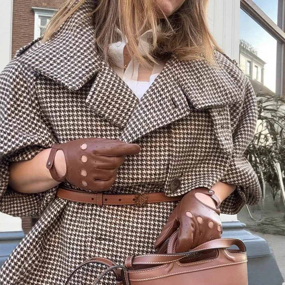 Women's Oversize Houndstooth Coat with Cape Detail, High Stand Collar and Adjustable Cuffs Shop Velvia