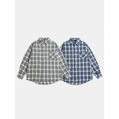 Unisex Oversize-checkered Flannel shirt with rounded hem and diagonal chest pocket Shop Velvia