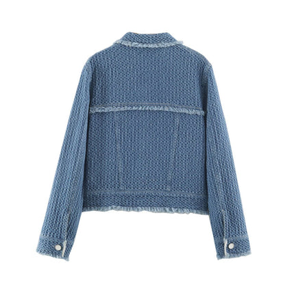 Ladies Cropped Boxy Denim Jacket with Waffle Texture, Patch Pockets and Fringe Trim Shop Velvia