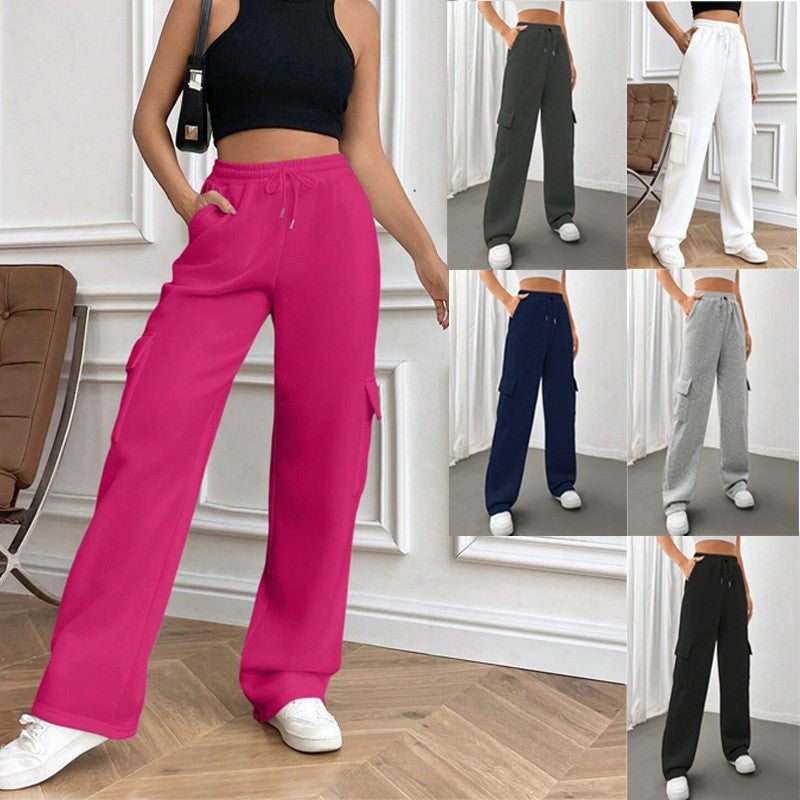 Ladies cargo jogging pants with high elastic waistband, drawstring, and wide leg Shop Velvia