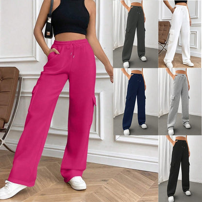 Ladies cargo jogging pants with high elastic waistband, drawstring, and wide leg Shop Velvia