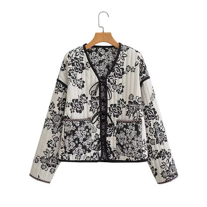 Women's Quilted Short Jacket with Floral Allover Print and Tie Ribbons Shop Velvia
