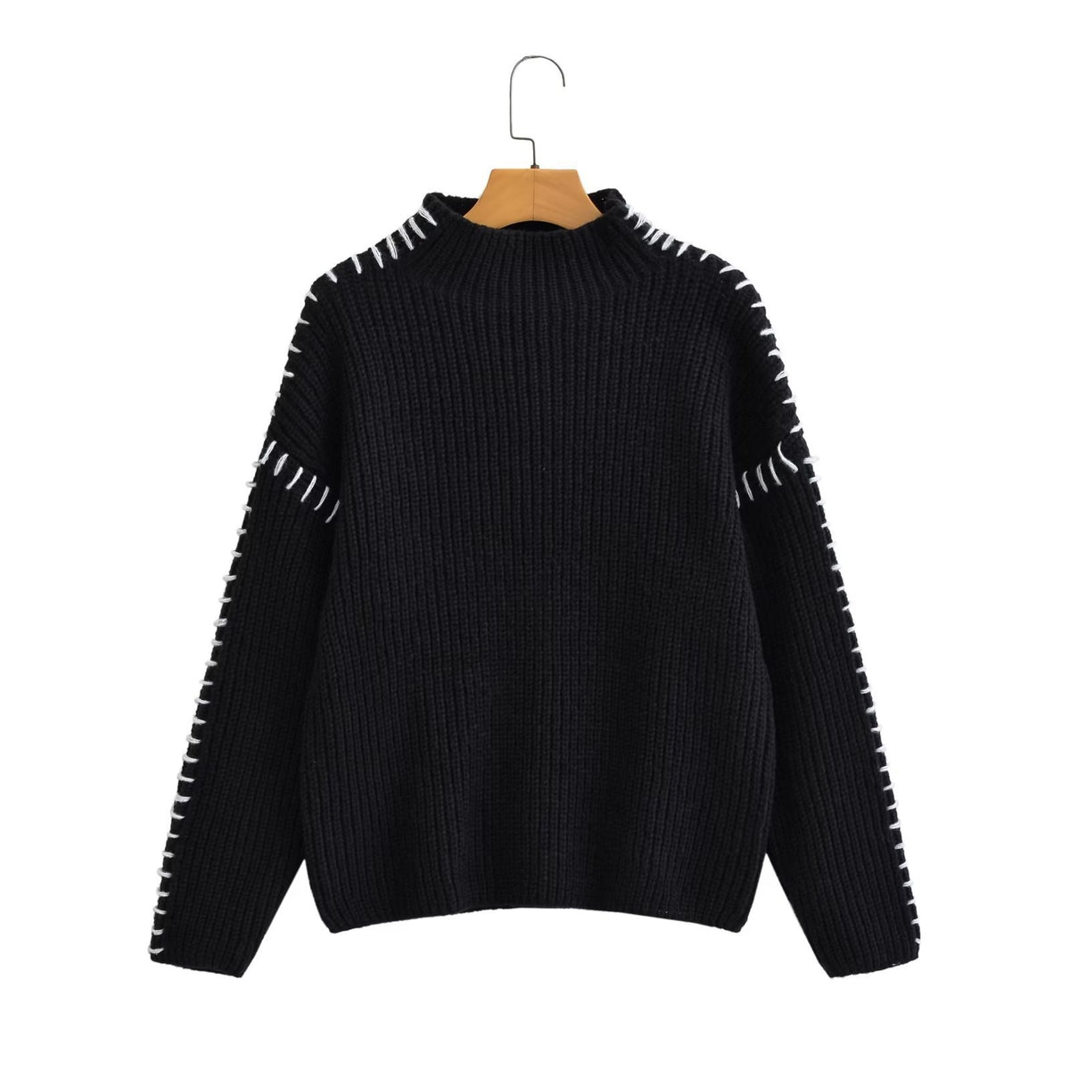 Women's Oversize Knit Sweater with Stand-up Collar and Decorative Stitch Sleeves Shop Velvia