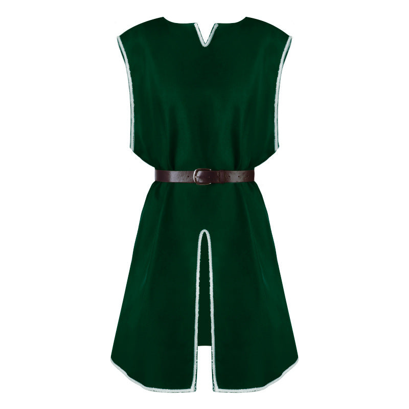Unisex nano medieval LARP tunic with fitted leather belt, side slits and decorative border Shop Velvia